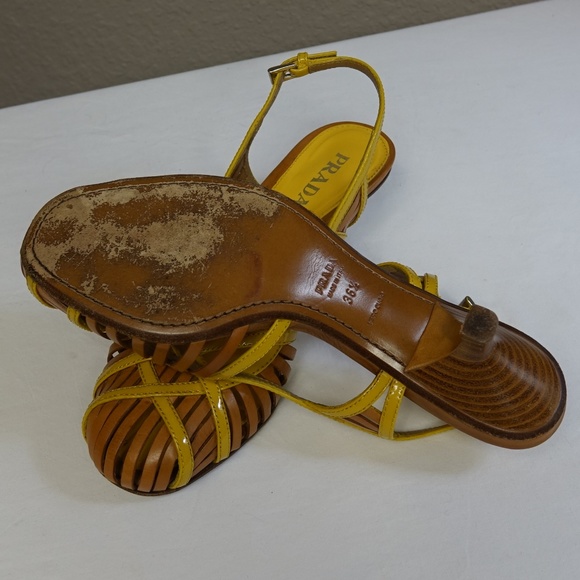 Prada Sling Kitten Heel Patent Golden Yellow Shoe - Picture 7 of 7